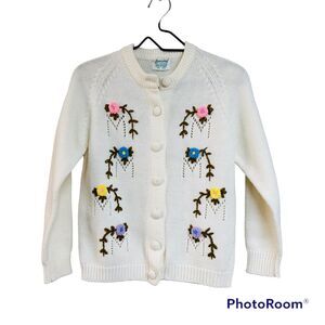Vintage Lansing Flower Floral Cardigan Sweater Sz SM Cottagecore Ivory Folk Art